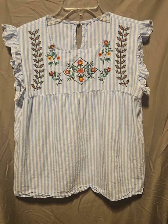 Tops - Light Blue Striped Embroidered Flutter Sleeve Top